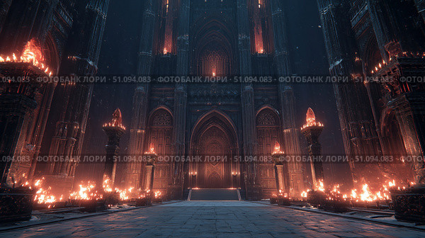 Dark castle looms ominously in a mysterious fantasy landscape with flickering flames. Стоковое AI-изображение, AI-художник Ксения Лаптева / Фотобанк Лори