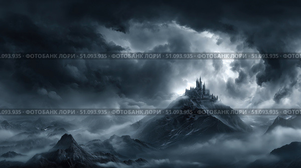 Dark castle looms over a shadowy landscape bathed in twilight storm clouds. Стоковое AI-изображение, AI-художник Ксения Лаптева / Фотобанк Лори