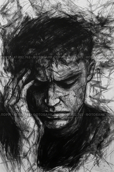 Dark expressionist sketch of chaotic human figure symbolizing schizophrenia. Мрачный экспрессионистский набросок хаотичной человеческой фигуры, символизирующей шизофрению. Стоковое AI-изображение, AI-художник Katsiaryna Repich / Фотобанк Лори