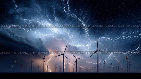 Dark shelf cloud preceding a severe thunderstorm at a wind turbine park. Beautiful thunderstorm black clouds and clouds hanging over the ground. Стоковое AI-изображение, AI-художник ALLA YURTAYEVA / Фотобанк Лори