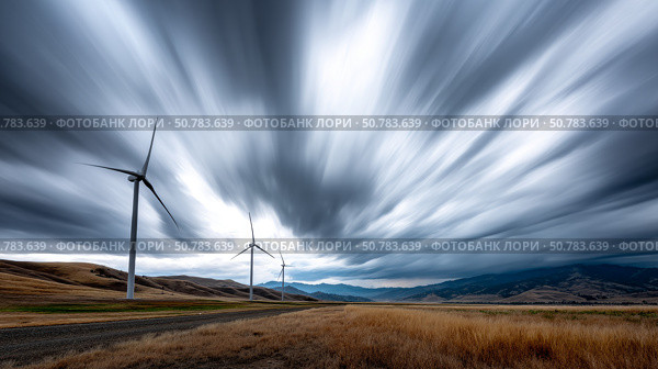 Dark shelf cloud preceding a severe thunderstorm at a wind turbine park. Beautiful thunderstorm black clouds and clouds hanging over the ground. Стоковое AI-изображение, AI-художник ALLA YURTAYEVA / Фотобанк Лори