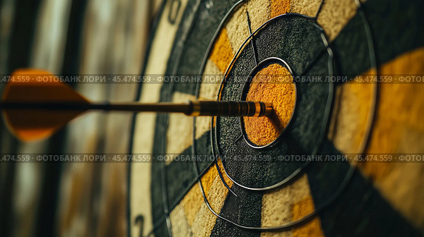 Dart hitting the bullseye on a textured dartboard in a cozy indoor setting. Стоковое AI-изображение, AI-художник Людмила Лесовая / Фотобанк Лори