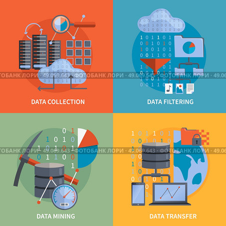 Data Processing 2x2 Design Concept. Data processing 2x2 flat design concept set of collection filtering mining  transfer data vector illustration . Стоковая иллюстрация, агентство Ingram Publishing / Фотобанк Лори
