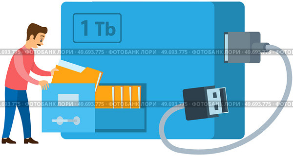 Data storage on portable device. Man stacking folders with information in external hard disk drive with USB cable isolated on white background. Portable extern HDD. Memory drive equipment, hardware. Data storage on portable device. Man stacking folders with information in external hard disk. Стоковая иллюстрация, агентство Ingram Publishing / Фотобанк Лори