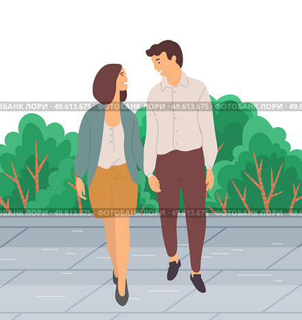 Dating couple outdoor cityscape in the day time. Young peolpe smiling man and woman holding hands walking. Girl with guy, people in love spend time together, relationships between male and female. Dating couple outdoor cityscape in the day time. Young peolpe smiling man and woman holding hands. Стоковая иллюстрация, агентство Ingram Publishing / Фотобанк Лори