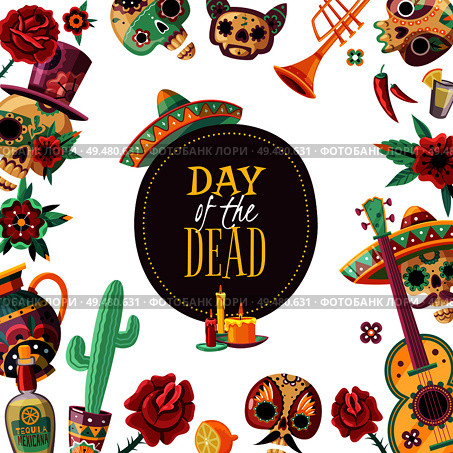 Dead day square frame poster with event symbols decorative border guitar scull in sombrero cactus vector illustration . Dead Day Frame . Стоковая иллюстрация, агентство Ingram Publishing / Фотобанк Лори