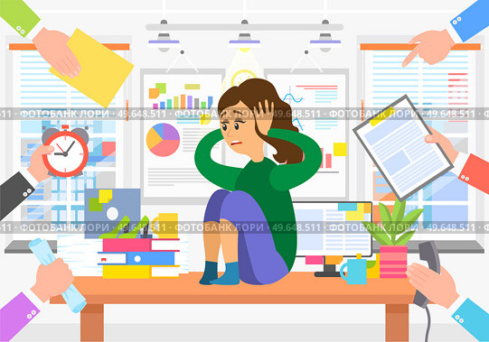 Deadline business concept, fear of a lot of work. Businesswoman is afraid of multitasking. Scared woman sitting on table holding her head with hands in awe. Female in stress cause of many errands. Deadline business concept, fear of a lot of work. Businesswoman is afraid of multitasking. Стоковая иллюстрация, агентство Ingram Publishing / Фотобанк Лори