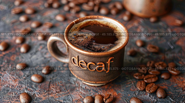 decaf mug of coffee in outdoor fall coffee shop. Стоковое AI-изображение, AI-художник Anastasy Yarmolovich / Фотобанк Лори