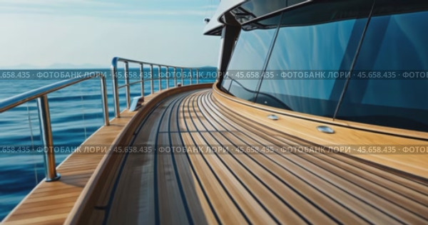 deck of a luxury modern teak yacht close-up against the sea. Стоковое AI-видео, аниматор Александр Довянский / Фотобанк Лори