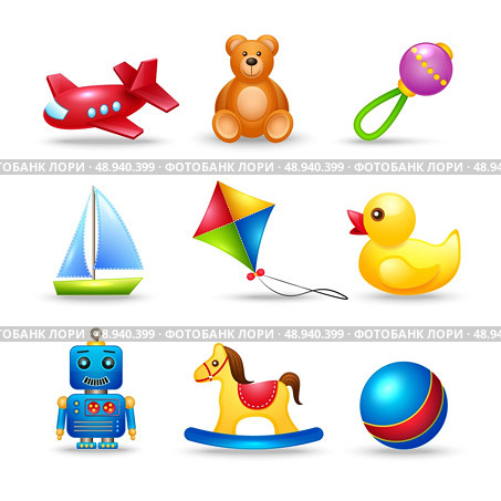 Decorative children toys icons set of airplane teddy bear rattle boat isolated vector illustration. Стоковая иллюстрация, агентство Ingram Publishing / Фотобанк Лори