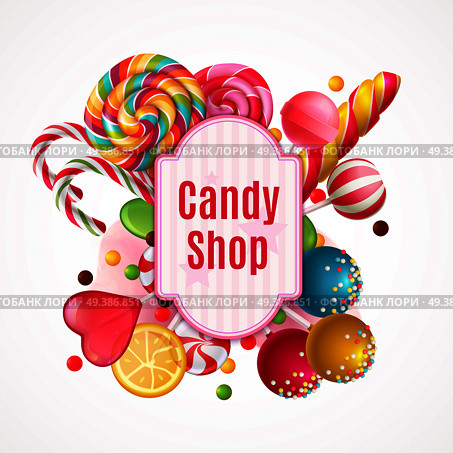 Decorative frame with realistic candies, colorful lollipops of various shape on white background vector illustration. Realistic Candies Frame Background. Стоковая иллюстрация, агентство Ingram Publishing / Фотобанк Лори