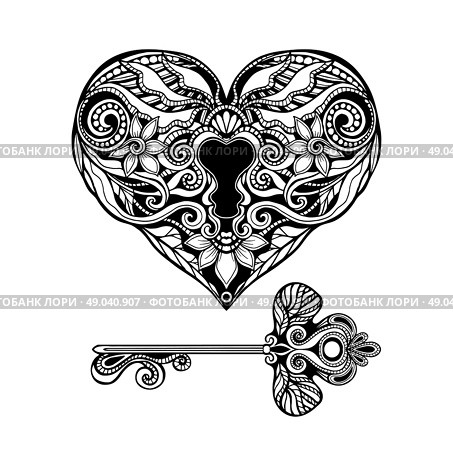 Decorative heart shape key and vintage lock hand drawn isolated vector illustration. Decorative Key And Lock. Стоковая иллюстрация, агентство Ingram Publishing / Фотобанк Лори