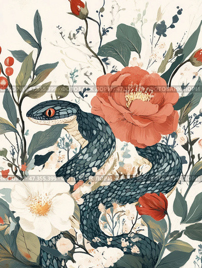 Decorative illustration in botanical style, combining nature and symbolism. Among lush flowers, leaves and stems, a dark snake with expressive bluish-green scales and bright red eyes wriggles. The flowers are large, with petals of warm shades: cream, coral and terracotta. The whole composition is built on the contrast of the softness of the plants and the tense grace of the snake, creating a feeling of beauty and danger, life and hidden threat at the same time. The style is decorative, with elements of folk and oriental ornament. Стоковое AI-изображение, AI-художник Анна Кривицкая / Фотобанк Лори