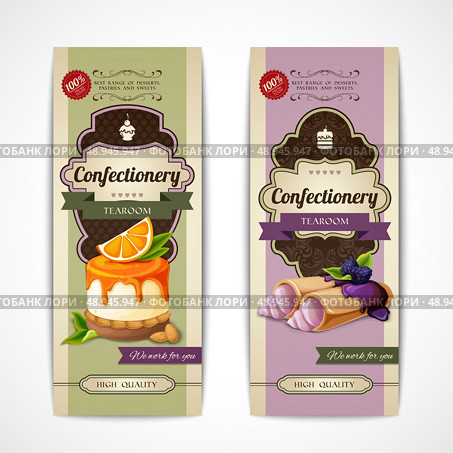 Decorative sweets vertical retro banners collection with crepes and orange mousse isolated vector illustration. Стоковая иллюстрация, агентство Ingram Publishing / Фотобанк Лори