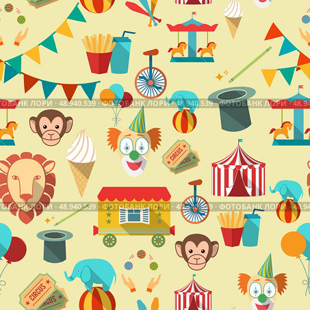 Decorative vintage travelling circus chapiteau tent with clown magical wand seamless tileable wrap paper pattern vector illustration. Стоковая иллюстрация, агентство Ingram Publishing / Фотобанк Лори