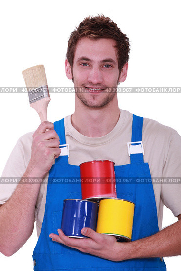 Decorator with pots of paint. Стоковое фото, агентство Ingram Publishing / Фотобанк Лори