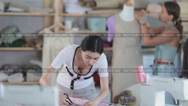 Dedicated female tailor cutting soft pink fabric into pattern pieces, building foundation for new custom garment in workshop, while teammate adjusting sample dress on mannequin. Стоковое видео, видеограф Яков Филимонов / Фотобанк Лори