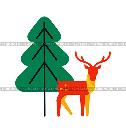 Deer animal icon, horned reindeer in orange and yellow color, vector illustration isolated on white background near green spruce tree in simple design. Deer Animal Icon, Horned Reindeer in Orange Color. Стоковая иллюстрация, агентство Ingram Publishing / Фотобанк Лори