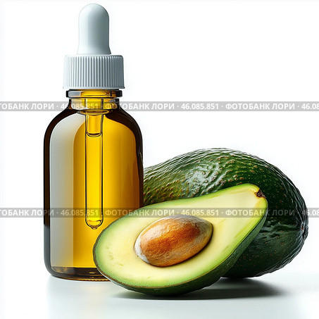 Delicate matte white bottle of skin oil with avocado on white background. Стоковое AI-изображение, AI-художник Katsiaryna Repich / Фотобанк Лори