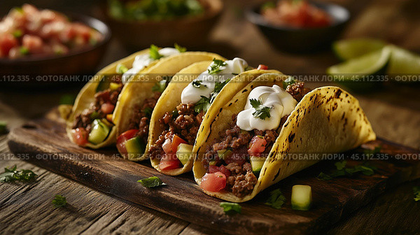 Delicious beef tacos loaded with fresh toppings served on a wooden board in a rustic kitchen setting. Стоковое AI-изображение, AI-художник Сергей Толмачёв / Фотобанк Лори