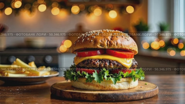 Delicious burger and French fries in home kitchen with Christmas decor, lights of garland. Delivery from fast food restaurant, menu burger home cooking for New year. AI generated; Стоковое AI-видео, аниматор Ольга Симонова / Фотобанк Лори