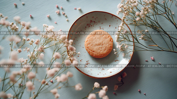 Delicious dessert on a blue plate surrounded by delicate flowers. Вкусное печенье на голубой тарелке в окружении нежных цветов. Стоковое AI-изображение, AI-художник Katsiaryna Repich / Фотобанк Лори