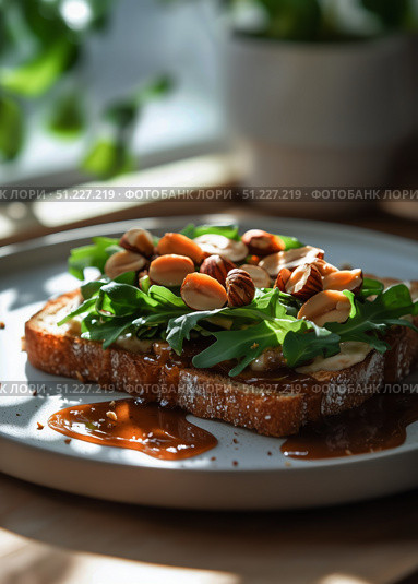 Delicious Open-Faced Sandwich Topped With Greens and Nuts on a Wooden Table in Natural Light. Стоковое AI-изображение, AI-художник Юлия Гапеенко / Фотобанк Лори