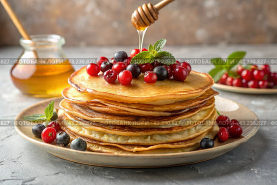 Delicious pancakes with honey, berries, blueberries, cranberries and raspberries. The concept of the Russian holiday Maslenitsa. Стоковое AI-изображение, AI-художник Photojuli / Фотобанк Лори