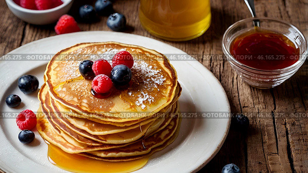 Delicious pancakes with honey, blueberries, raspberries and . The concept of the Russian holiday Maslenitsa. Стоковое AI-изображение, AI-художник Photojuli / Фотобанк Лори