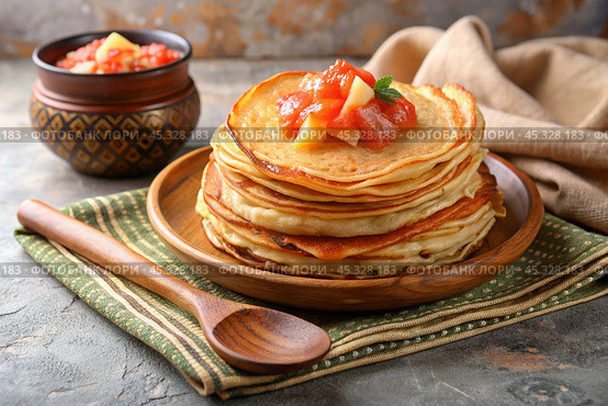 Delicious pancakes with salted red fish. The concept of the Russian holiday Maslenitsa. Стоковое AI-изображение, AI-художник Photojuli / Фотобанк Лори