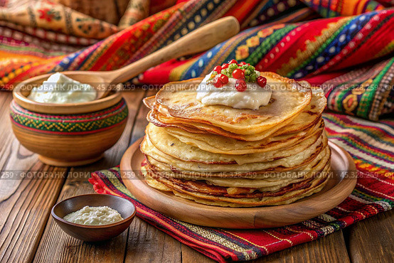 Delicious pancakes with sour cream. The pancakes are stacked in a large pile. The concept of the Russian holiday Maslenitsa. Стоковое AI-изображение, AI-художник Photojuli / Фотобанк Лори