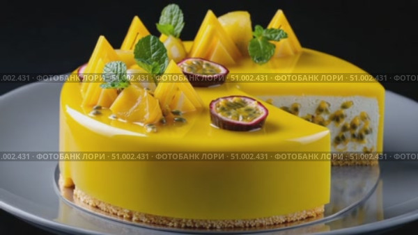 Delicious passion fruit mousse cake rotating on black background. Стоковое AI-видео, аниматор Юрий Поздников / Фотобанк Лори