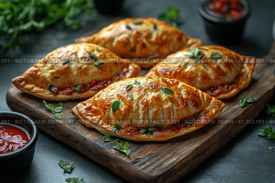 Delicious pies, baked until golden brown. They are neatly laid out on a wooden board, decorated with fresh green leaves, and their filling slightly flows out, giving the dish a juicy and homemade look. Next to them is a sauce in a black bowl, perhaps tomato or spicy, perfectly complementing the taste of these ruddy products. The atmosphere of the photo is warm and cozy, making you want to try the treat right now. Стоковое AI-изображение, AI-художник Анна Кривицкая / Фотобанк Лори