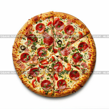 Delicious pizza with pepperoni, ham, and jalapenos being sliced on white background. Стоковое AI-изображение, AI-художник Иван Рябоконь / Фотобанк Лори