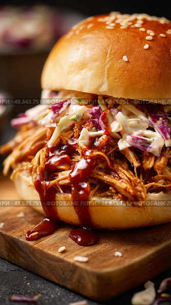 Delicious Pulled Pork Sandwich Loaded With Coleslaw and Barbecue Sauce on a Wooden Board. Стоковое AI-изображение, AI-художник Юлия Гапеенко / Фотобанк Лори