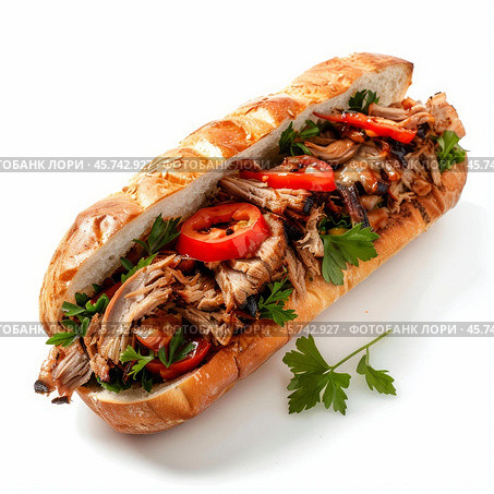 Delicious pulled pork sandwich with fresh tomatoes and parsley on white background. Стоковое AI-изображение, AI-художник Иван Рябоконь / Фотобанк Лори