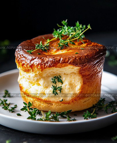 Delicious Souffl Served on a Plate Garnished With Fresh Thyme in a Dark Setting. Стоковое AI-изображение, AI-художник Юлия Гапеенко / Фотобанк Лори
