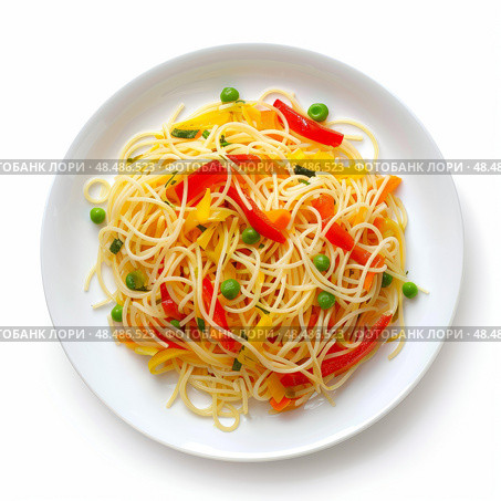 Delicious spaghetti with colorful vegetables creating appealing culinary dish. Стоковое AI-изображение, AI-художник Иван Рябоконь / Фотобанк Лори