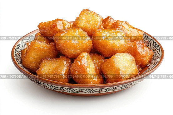 Delicious Tatar chak-chak served on a plate isolated on a white background. Стоковое AI-изображение, AI-художник Veniamin Kraskov / Фотобанк Лори