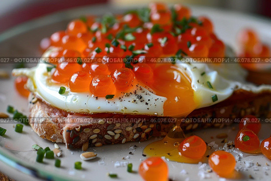 Delicious toast with salmon, fried egg, and salmon roe dripping yolk for refined breakfast. Стоковое AI-изображение, AI-художник Иван Рябоконь / Фотобанк Лори