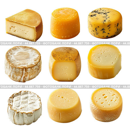 Delicious variety of nine different cheese wheels being displayed. Стоковое AI-изображение, AI-художник Иван Рябоконь / Фотобанк Лори