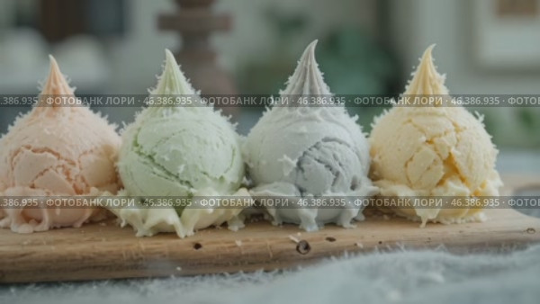 Delightful Array of Pastel-Colored Ice Cream Cones Elegantly Displayed on a Rustic Wooden Board. Стоковое AI-видео, аниматор Оксана Медведева / Фотобанк Лори