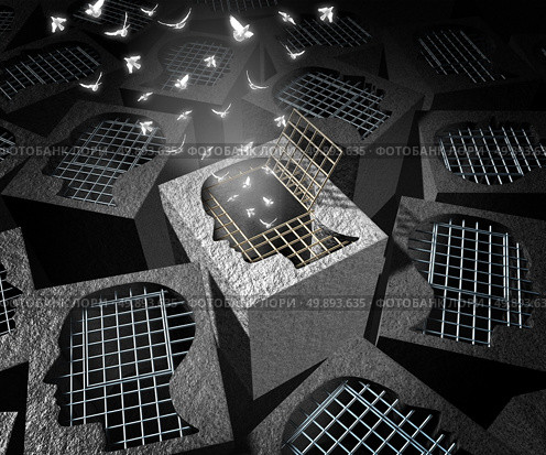 Deliverance concept or redemption and salvation symbol as a prison cage shaped as a human head with an open door with white birds flying out as a metaphor for psycholocical release with 3D illustration elements. Стоковое фото, агентство Ingram Publishing / Фотобанк Лори