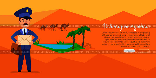 Delivery everywhere cartoon web banner. Postman in uniform with mailbag holding envelope on desert background with oasis flat vector illustration. Horizontal concept for mail company landing page. Delivery Everywhere Vector Web Banner with Postman. Стоковая иллюстрация, агентство Ingram Publishing / Фотобанк Лори