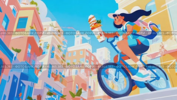 Delivery Ride: Girl on Bicycle with Food in a Colorful Town. Стоковое AI-видео, аниматор Данила Большаков / Фотобанк Лори