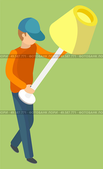 Delivery service man carrying torchiere. Yellow lampshade Porter in workwear carrying furniture piece. Relocation and transportation 3D vector illustration. Delivery Service Man Carrying Torchiere Vector. Стоковая иллюстрация, агентство Ingram Publishing / Фотобанк Лори