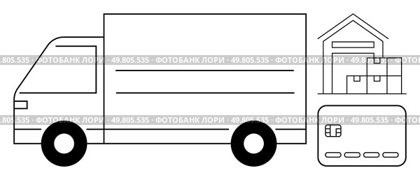 Delivery truck driving towards a warehouse with stacked boxes and a credit card representing payment. Ideal for e-commerce, logistics, online shopping, delivery services, payment processing. Delivery Truck Near Warehouse With Card Payment Symbol, Representing Logistics And E-Commerce. Стоковая иллюстрация, агентство Ingram Publishing / Фотобанк Лори