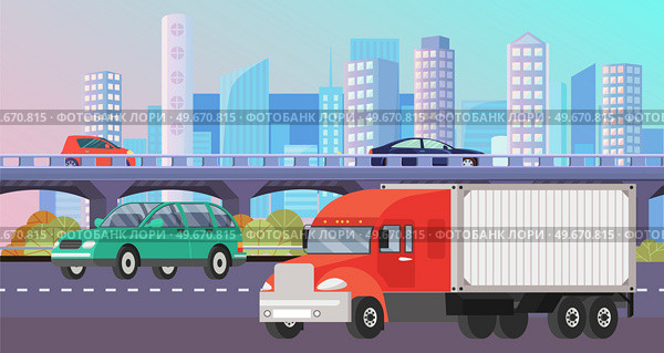 Delivery truck rides on road against background of tall buildings. Wagon with trailer for transporting goods worldwide. Vehicle for transportation and shipping. Delivery of parcels by transport. Delivery truck rides on road near buildings. Wagon with trailer for transporting goods worldwide. Стоковая иллюстрация, агентство Ingram Publishing / Фотобанк Лори