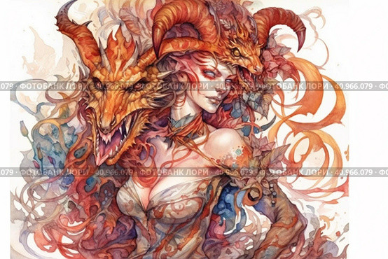 Demon woman on white background, watercolor style, Generative AI. Стоковое AI-изображение, AI-художник Анна Кривицкая / Фотобанк Лори