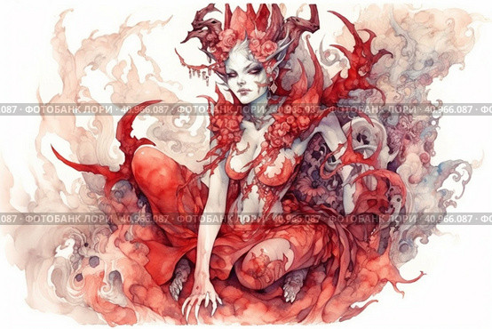 Demon woman on white background, watercolor style, Generative AI. Стоковое AI-изображение, AI-художник Анна Кривицкая / Фотобанк Лори